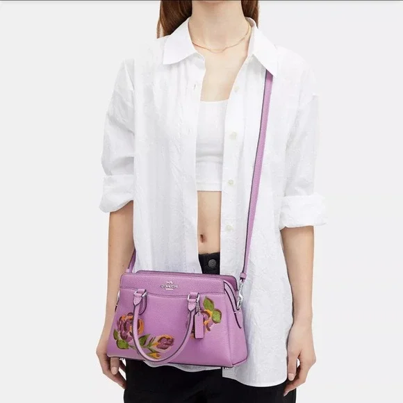 NWT Coach Mini Darcie Carryall With Rose Print/Pebble Leather/ Purple - Picture 9 of 13